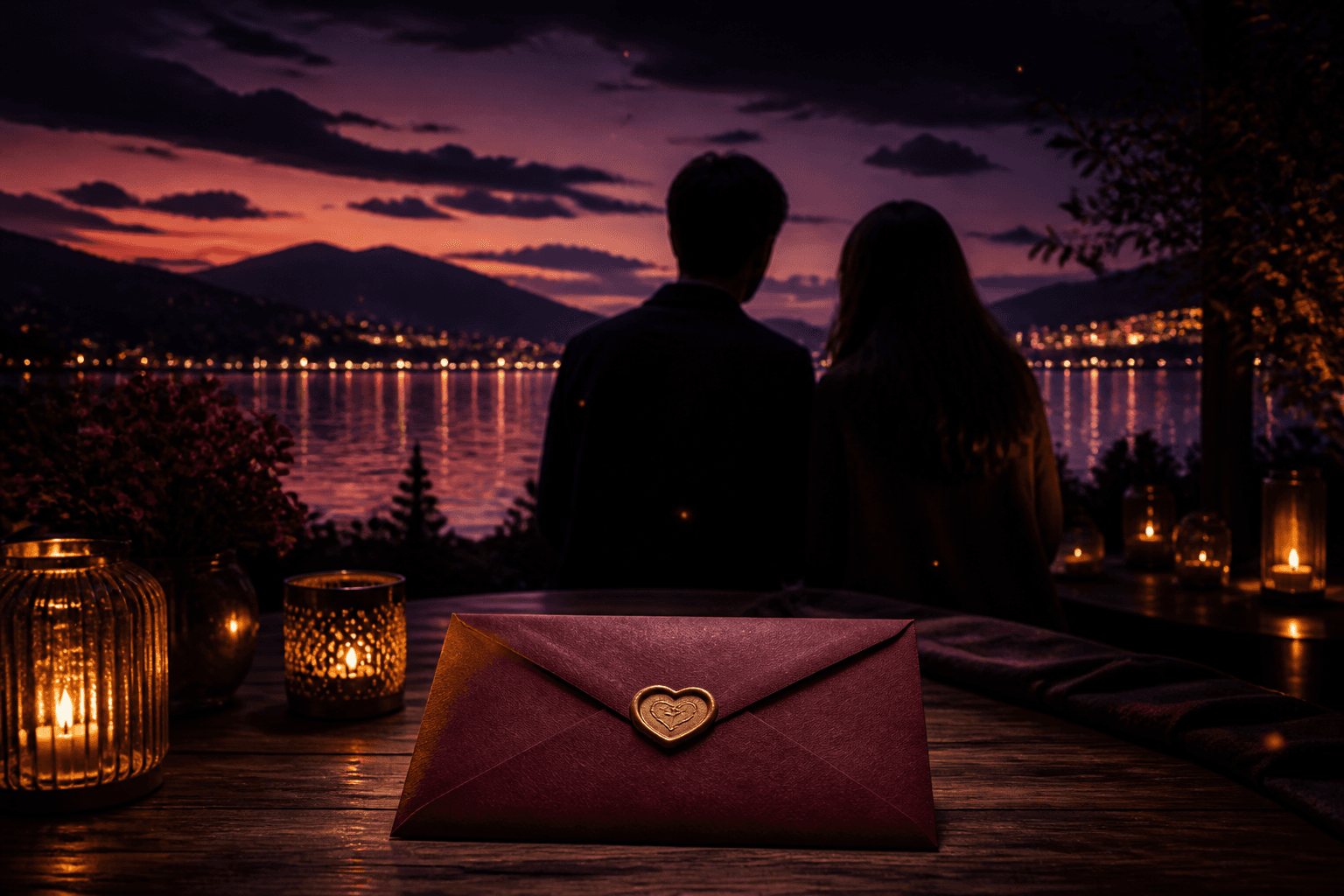 Abend am See mit einem versiegelten Geschenkumschlag